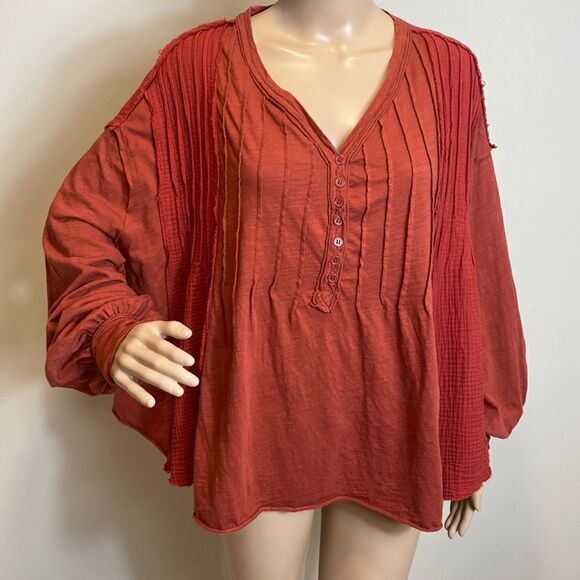 Oli & Hali Tops - Oli & Hali 100% boho cotton relaxed fit puff sleeves brick red color size M